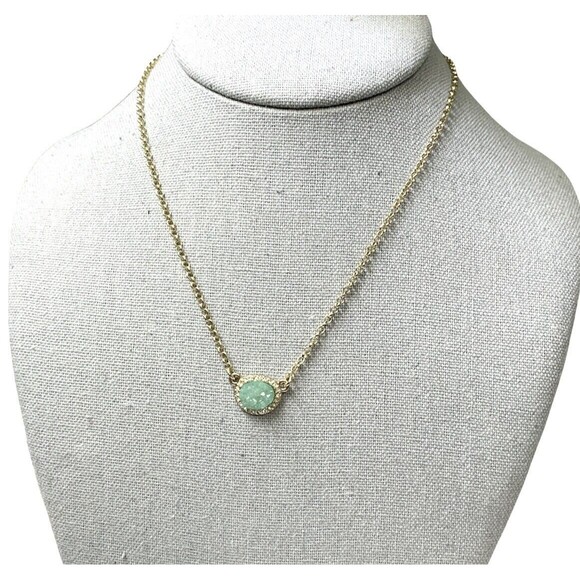 Charming Charlie Green Faux Druzy Necklace Stone Gold Tone with Rhinestones - Picture 5 of 6